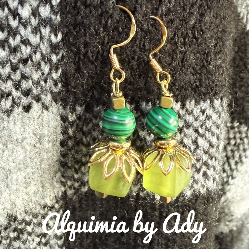 Green & Gold Dangle Earrings | Handmade Statement